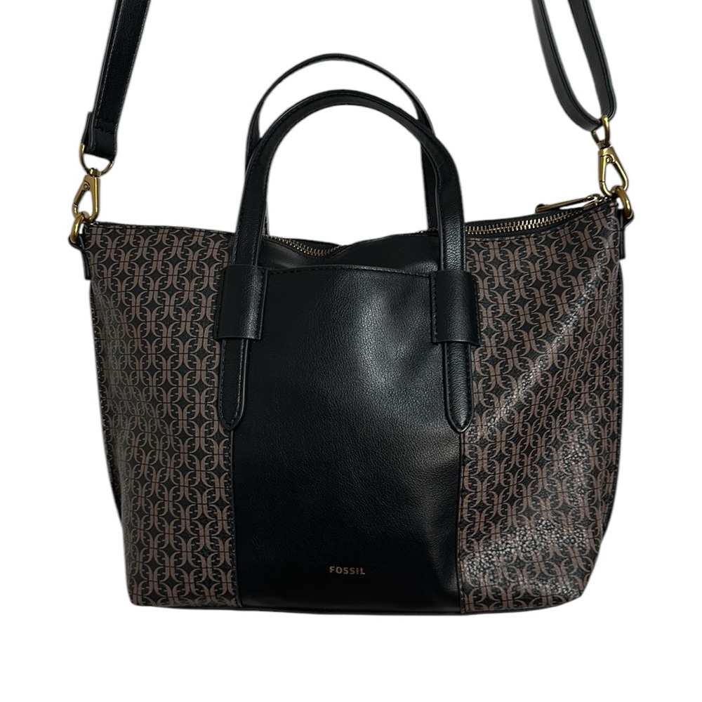 Fossil Black and Brown Faux Leather Skylar Satchel Large Crossbody Purse - Picture 3 of 12